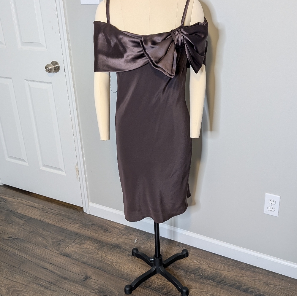 Abs Collection Allen Schwartz 90s Off The Shoulder Brown Bow Mini Dress‎ Size 8